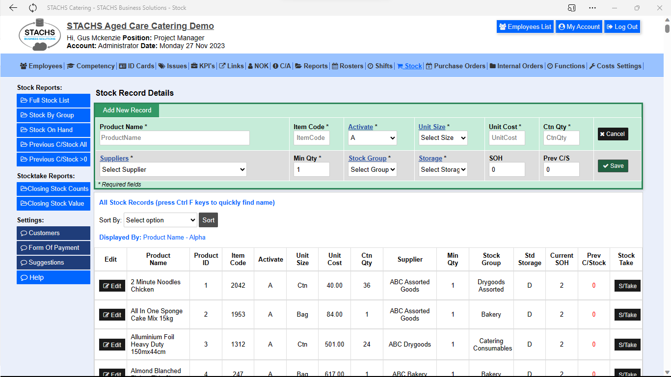 STACHS Catering Stock Page