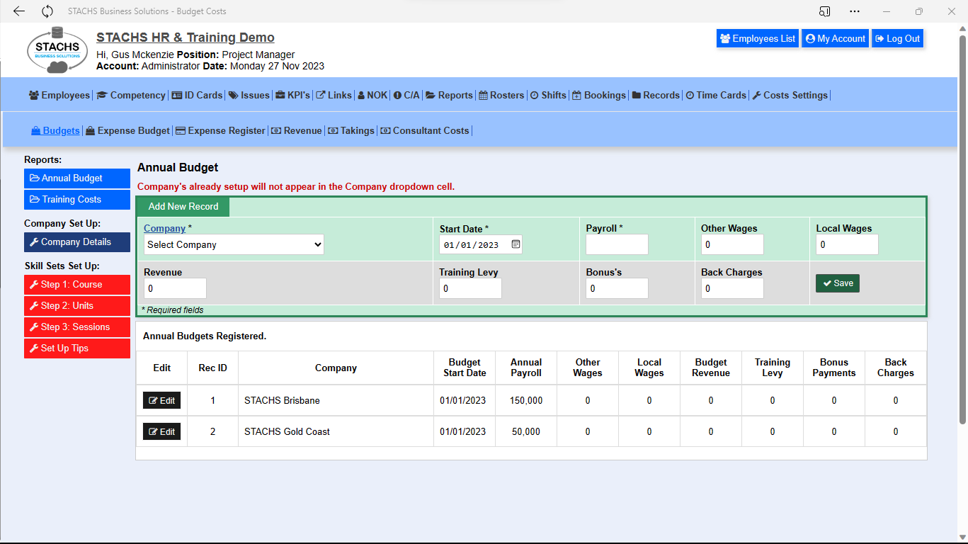 STACHS HR Costs Settings page