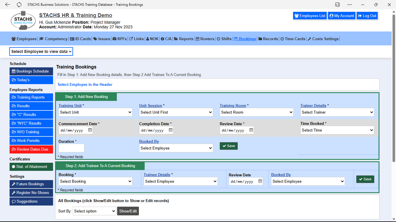 STACHS HR Training Bookings page